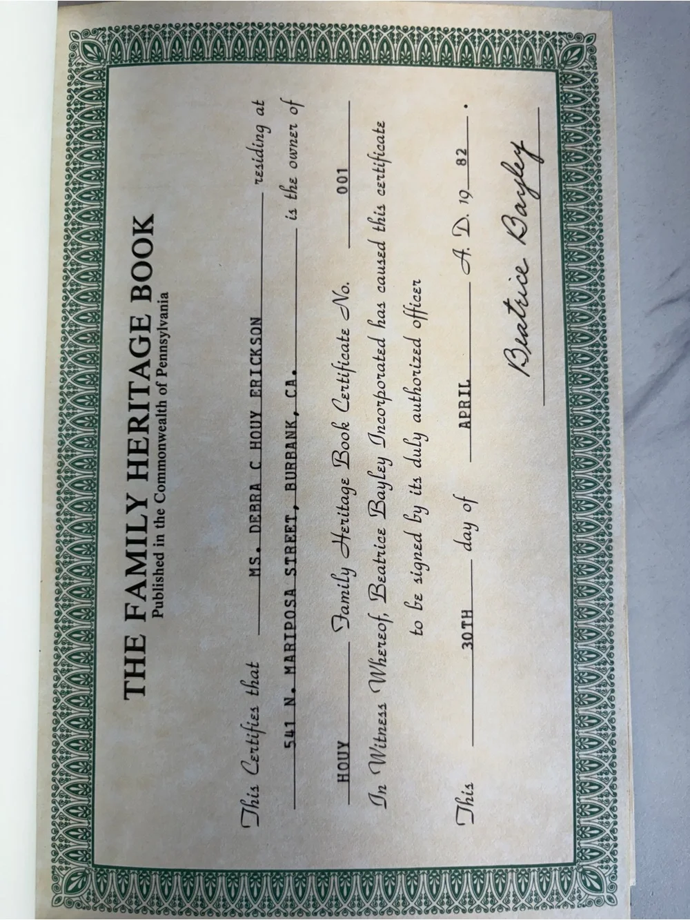 🔥 Houy Family Heritage Book Certificate No. 001 w/ Signed Genealogy Letter 2000🔥